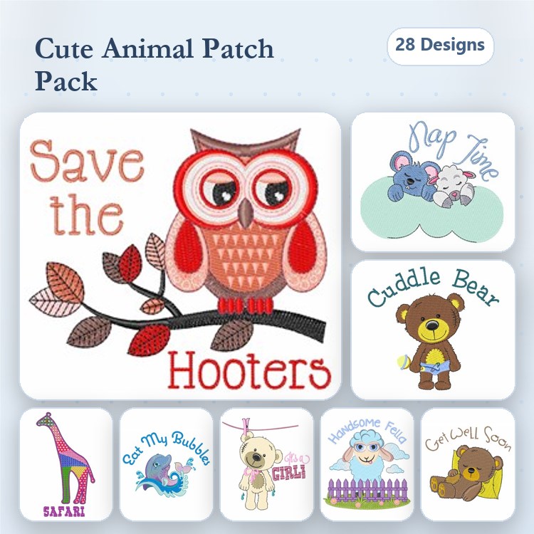 Animal-Themed Patches Embroidery Designs Bundle – Owl, Bear, Giraffe, Puppy & More (28 Designs)