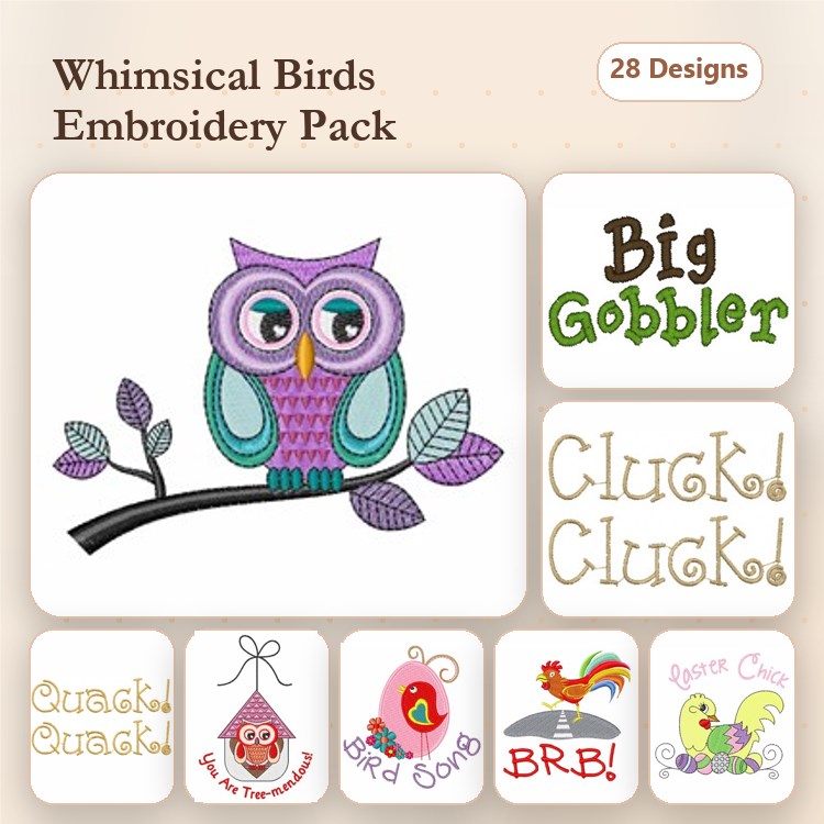 Whimsical Birds Embroidery Designs Bundle – Purple Owl, Big Gobbler, Love Bird & More (28 Designs)