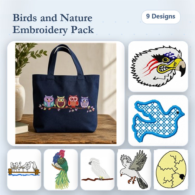 Birds and Nature Embroidery Designs Bundle – Owl Family, Parrot, Eagle & More (9 Designs)