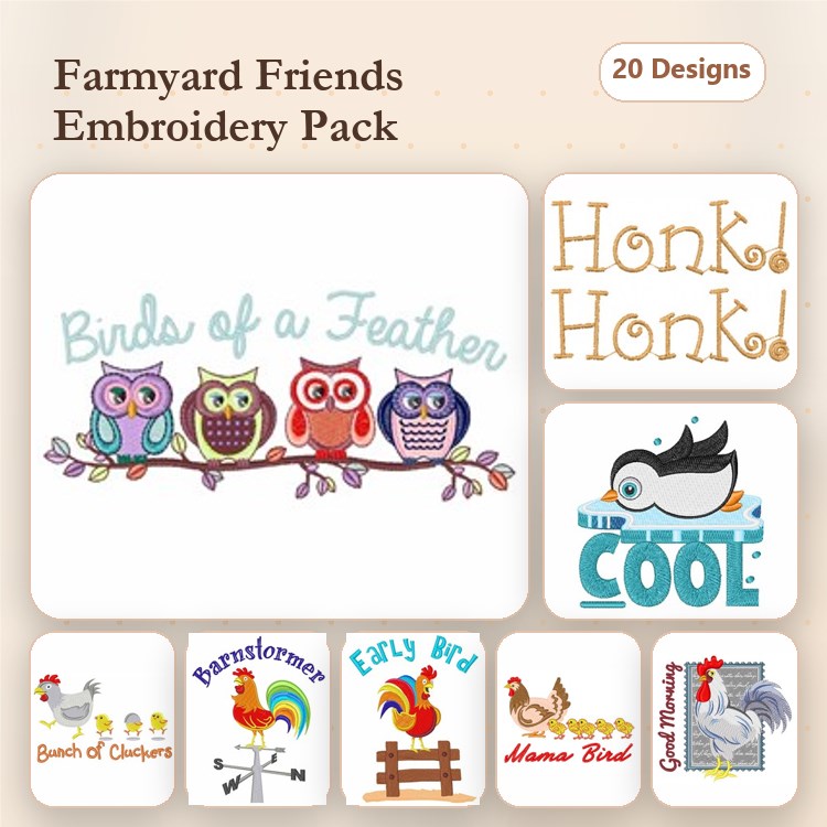 Farmyard Animals Embroidery Designs Bundle – Owls, Birds, Rooster, Chicks & More (20 Designs)