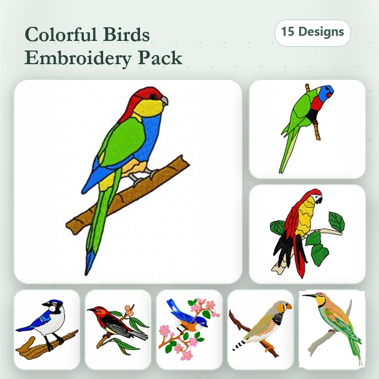 Colorful Birds Embroidery Bundle – Parrot on Branch, Blue Jay, Hummingbird & More (15 Designs)