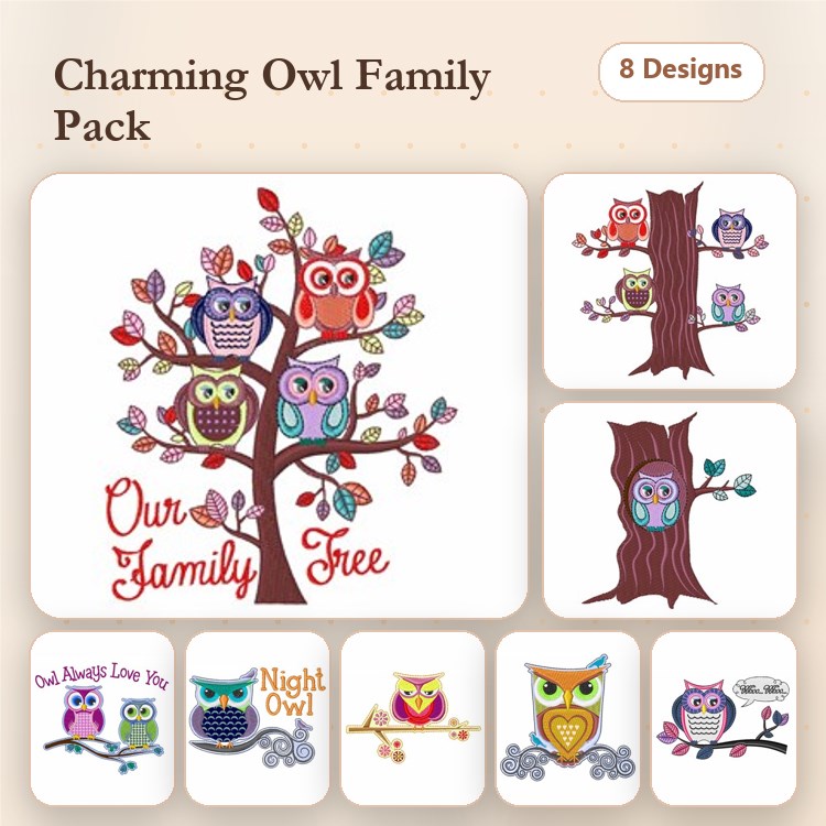 Owl Family Embroidery Designs Bundle – Family Tree with Owls, Owl with Heart, Owl with Banner & More (8 Designs)