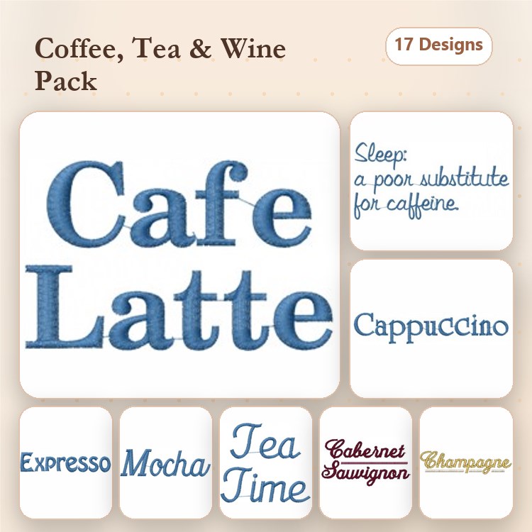Coffee and Beverage Embroidery Designs Bundle – Cafe Latte, Cappuccino, Mocha & More (17 Designs)