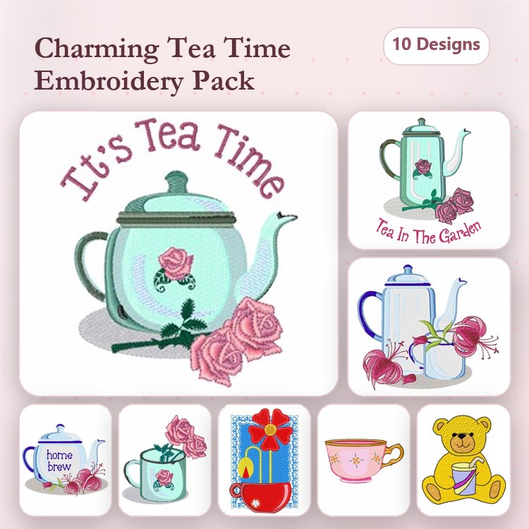 Tea Time Embroidery Designs Bundle – Teapot with Roses, Home Brew Mug, Teddy Bear & More (10 Designs)