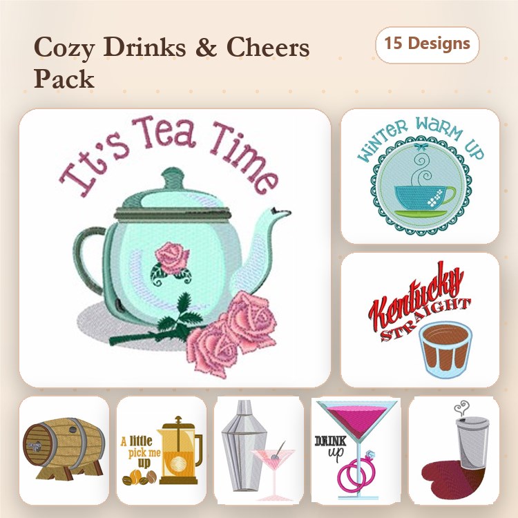 Cozy Drinks Embroidery Designs Bundle – Tea Pot with Roses, Cocktail Shaker, Martini Glass & More (15 Designs)