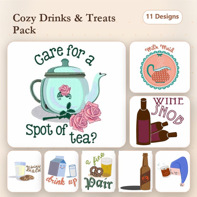 Cozy Drink Embroidery Designs Bundle – Teapot with Roses, Wine Snob, Beer Mug & More (11 Designs)