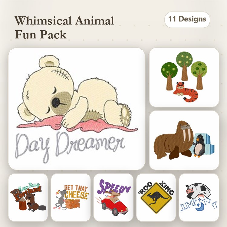 Tiger, Walrus & Penguin Embroidery Bundle – Fun Animal Designs (11 Designs)