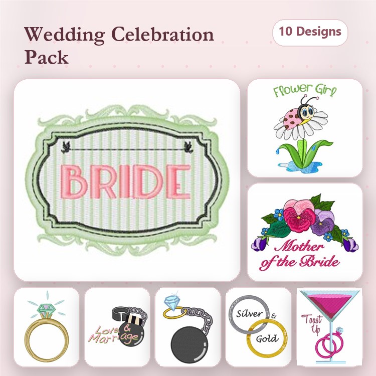 Wedding Celebration Embroidery Designs Bundle – Bride, Flower Girl, Mother of the Bride, Engagement Ring & More (10 Designs)