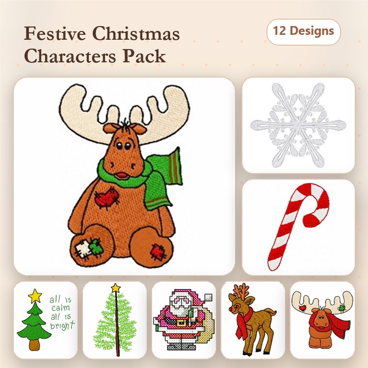 Christmas Characters Embroidery Designs Bundle – Santa Claus, Reindeer, Moose with Scarf & More (12 Designs)