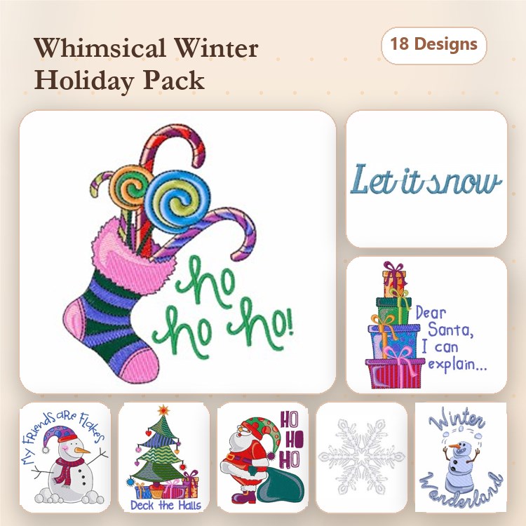 Whimsical Winter Holiday Embroidery Designs Bundle – Holiday Stocking, Snowman, Christmas Tree & More (18 Designs)