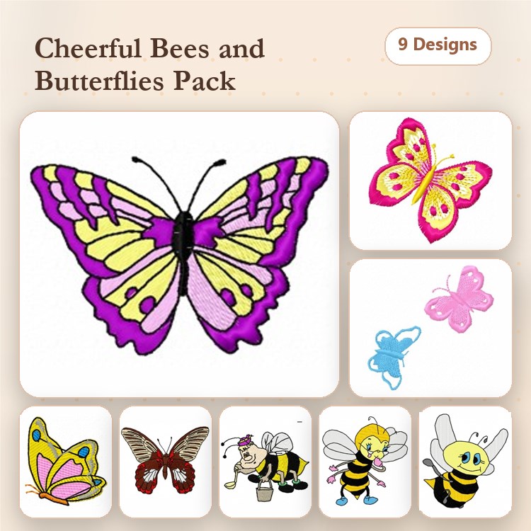 Bees & Butterflies Embroidery Designs Bundle – Butterfly with Purple and Yellow Wings, Cheerful Bee with Stripes & More (9 Designs)