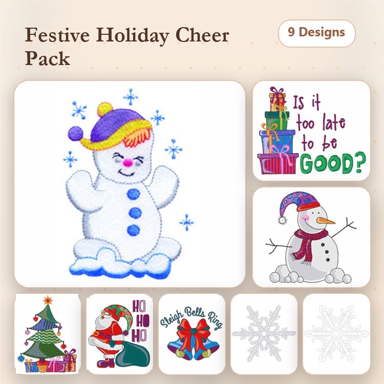 Holiday-Themed Embroidery Designs Bundle – Snowman, Christmas Tree, Ho Ho Ho & More (9 Designs)