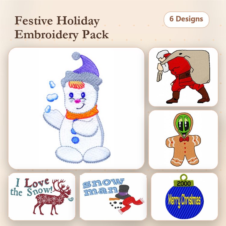 Festive Holiday Embroidery Bundle – Snowman with Hat, Santa Claus Carrying Bag, Gingerbread Man & More (6 Designs)