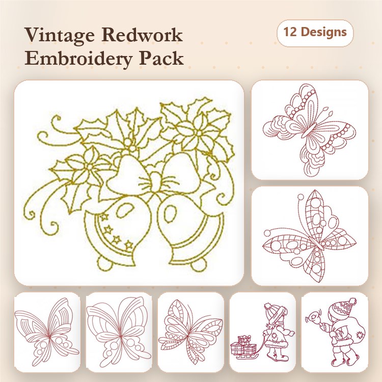 Redwork Vintage Holiday Embroidery Designs Bundle – Bells with Holly, Snowman with Gift & More (12 Designs)