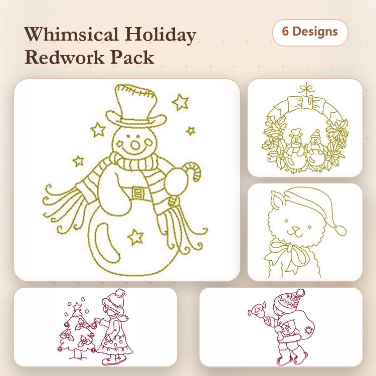 Redwork Holiday Embroidery Designs Bundle – Snowman, Santa Claus, Holiday Wreath & More (6 Designs)