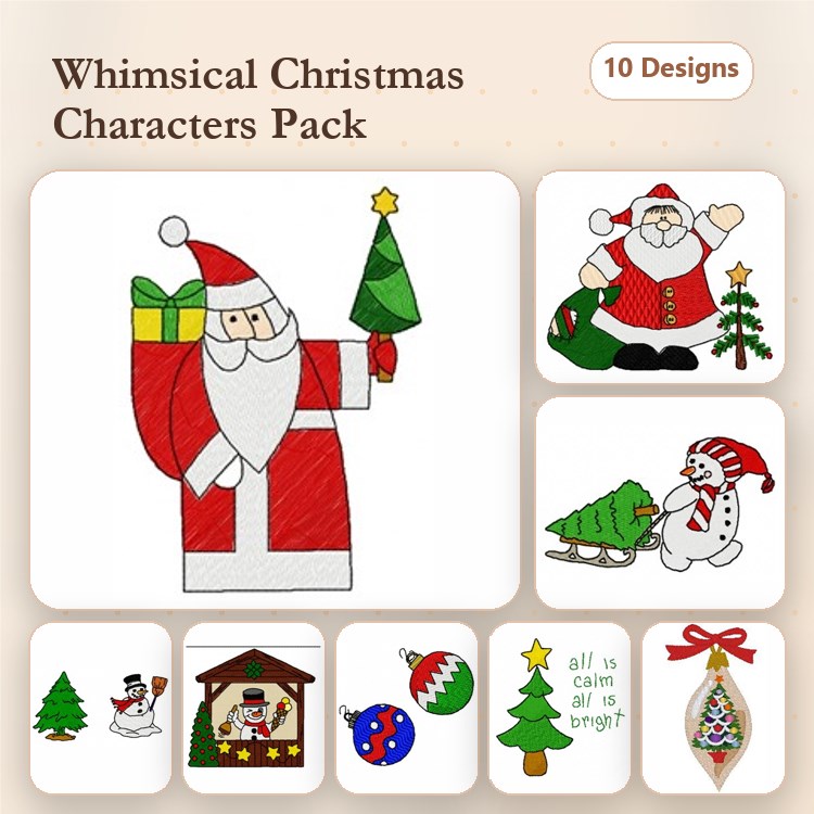 Whimsical Christmas Characters Embroidery Designs Bundle – Santa with Christmas Tree, Snowman with Hat & More (10 Designs)