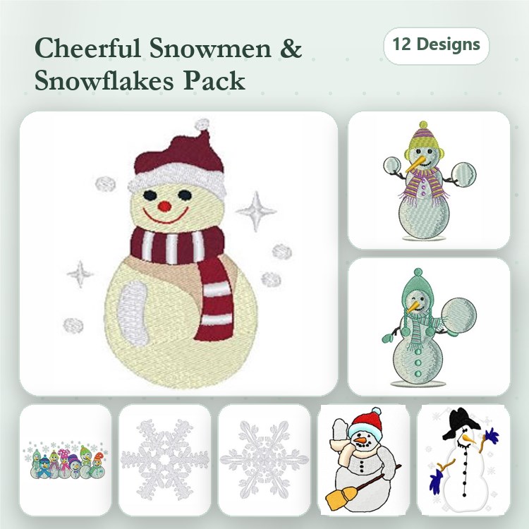 Cheerful Snowmen & Snowflakes Embroidery Designs Bundle – Snowman with Red Hat, Snowman Playing with Snowball & More (12 Designs)