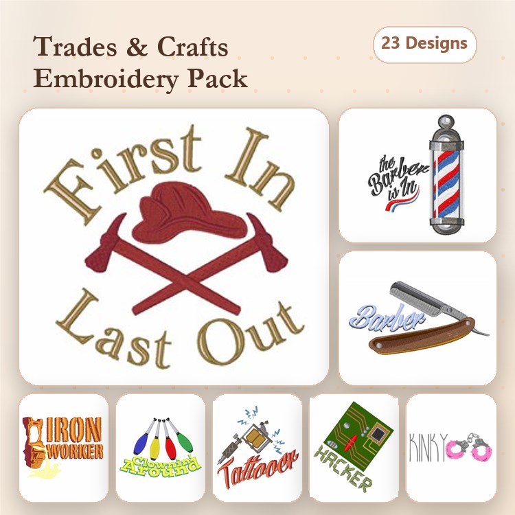 Trades and Crafts Embroidery Designs Bundle – First In Last Out, Barber Pole, Straight Razor & More (23 Designs)