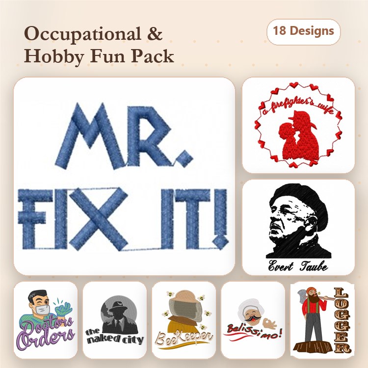 Occupational & Hobby-Themed Embroidery Designs Bundle – Mr. Fix It, Couture Sewing, Portrait of a Chef & More (18 Designs)