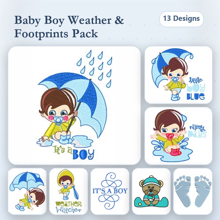 Baby Boy Weather Embroidery Bundle – Baby Boy with Umbrella, Raindrops with It's a Boy & More (13 Designs)