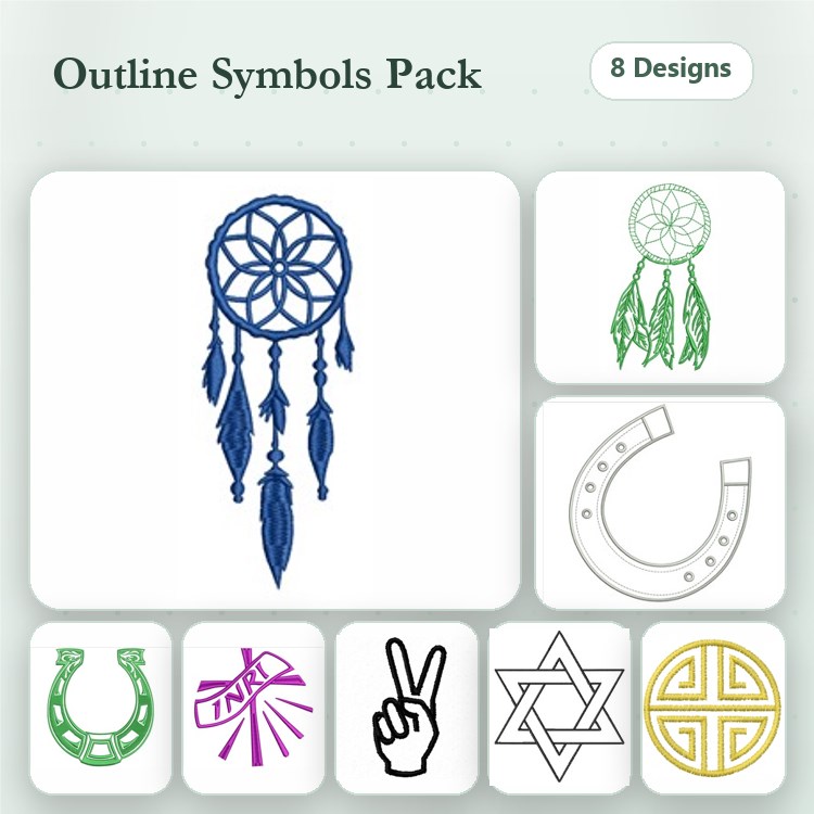Outline Symbols Embroidery Designs Bundle – Dreamcatcher, Peace Symbol, Star of David & More (8 Designs)