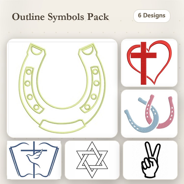 Redwork Outline Symbols Embroidery Designs Bundle – Horseshoe, Cross, Star of David & More (6 Designs)