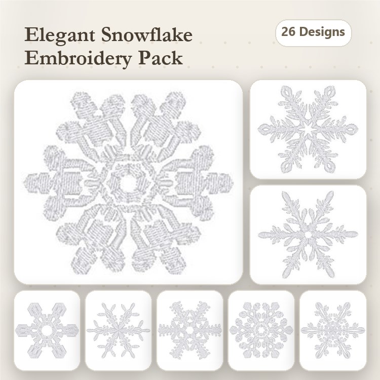 Elegant Snowflakes Embroidery Designs Bundle – Intricate Snowflake, Detailed Snowflake, Ornate Snowflake & More (26 Designs)