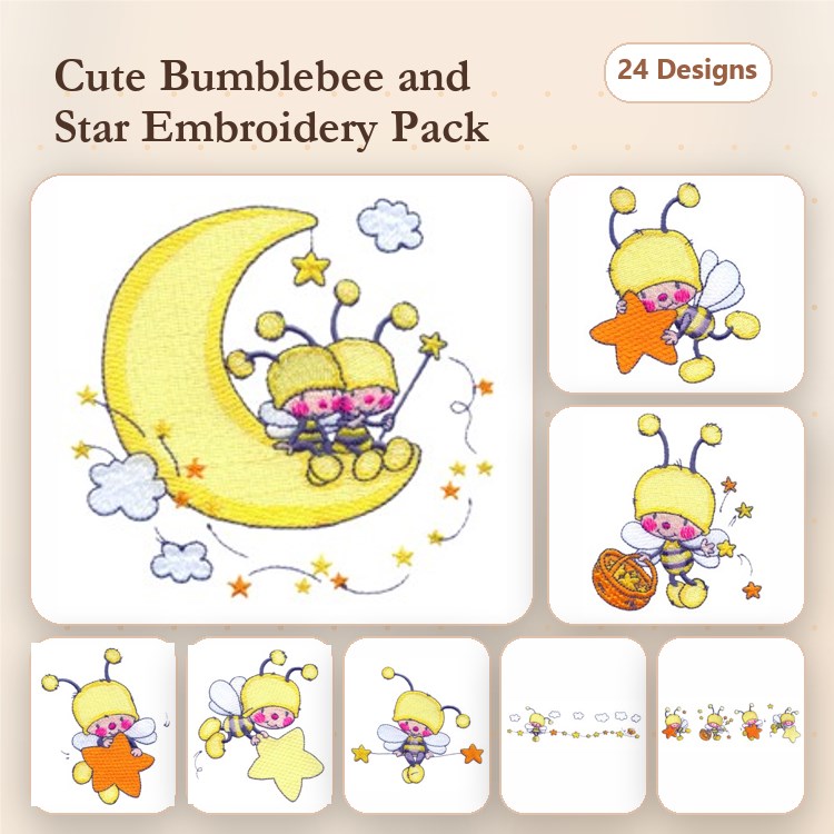 Cute Bumblebee and Star Embroidery Bundle – Bumblebee on Moon with Star, Bumblebee with Honey Pot & More (24 Designs)