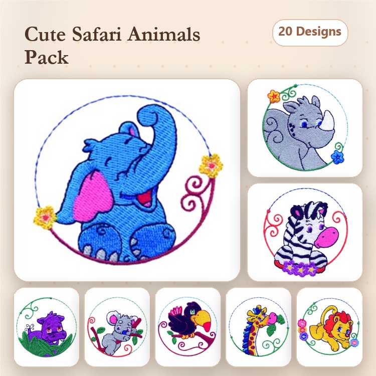 Safari Animals Embroidery Bundle – Happy Elephant, Rhino with Flower, Zebra with Balloon & More (20 Designs)