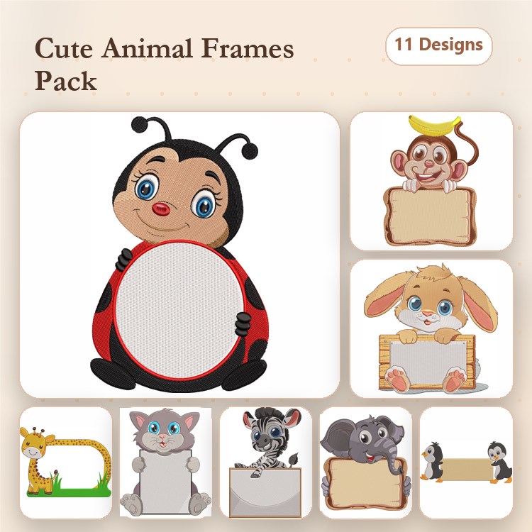 Cute Animal Embroidery Bundle – Ladybug, Monkey, Bunny, Giraffe & More (11 Designs)
