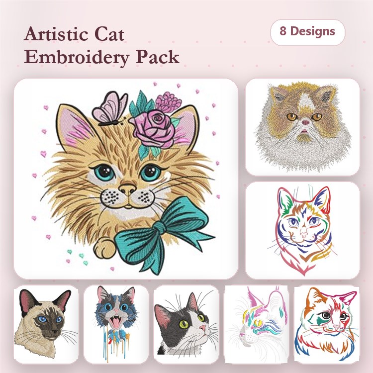 Artistic Cat Embroidery Bundle – Persian Cat, Siamese Cat, Black Cat & More (8 Designs)
