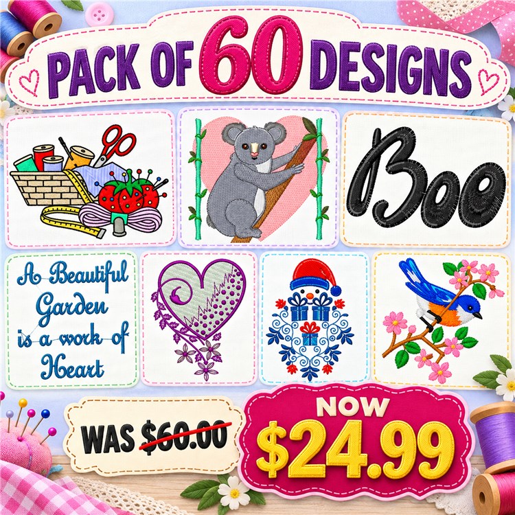Garden and Animal Embroidery Designs Bundle – Koala Bear, Snowman, Bird & More (60 Designs)