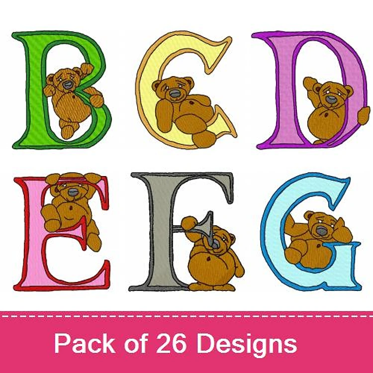 Alphabet Letters with Bears Embroidery Bundle – B with Bear, C with Bear, D with Bear & More (26 Designs)