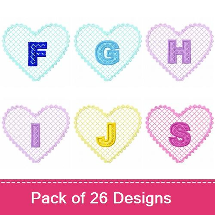 Applique Heart-themed Alphabetical Embroidery Bundle – Heart with F, G, H, I, J, S & More (26 Designs)