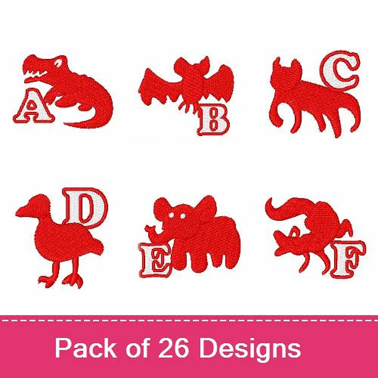 Redwork Animal Alphabet Embroidery Bundle – Crocodile, Bat, Dog, Bird & More (26 Designs)