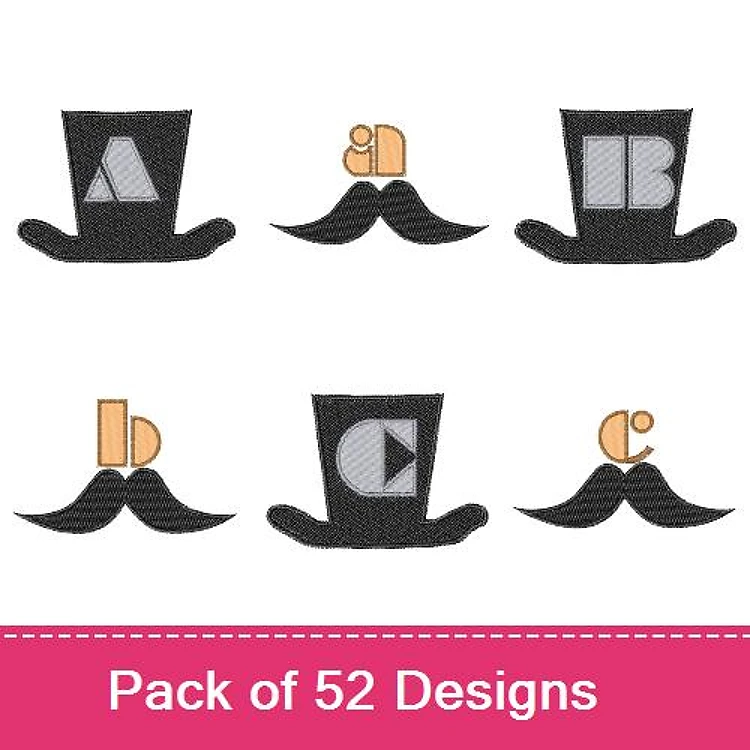 Applique Mustache and Hat Alphabet Embroidery Designs Bundle – A Mustache Hat, B Mustache Hat, C Mustache Hat & More (52 Designs)