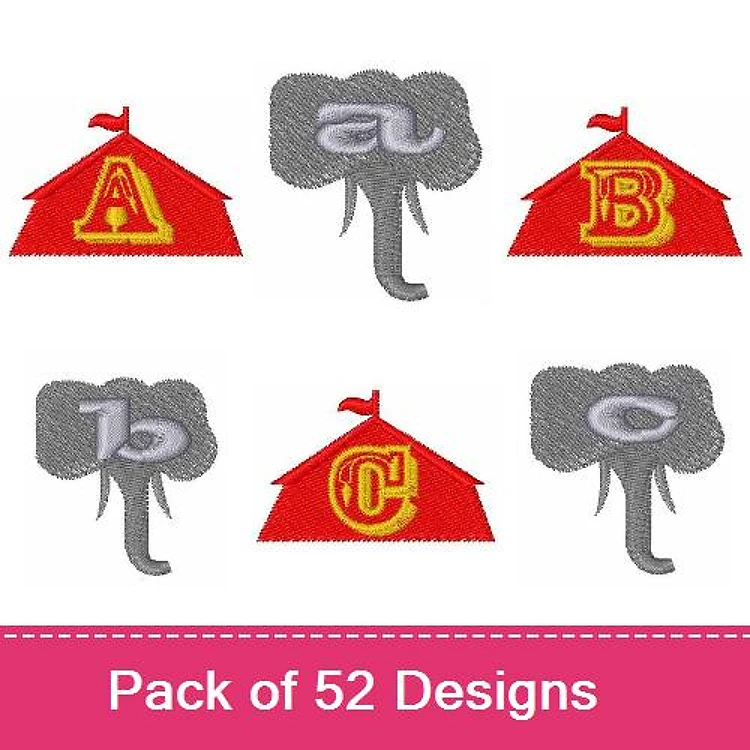 Circus-Themed Alphabet Embroidery Designs Bundle – Circus Tent A, Circus Tent B, Circus Tent C & More (52 Designs)