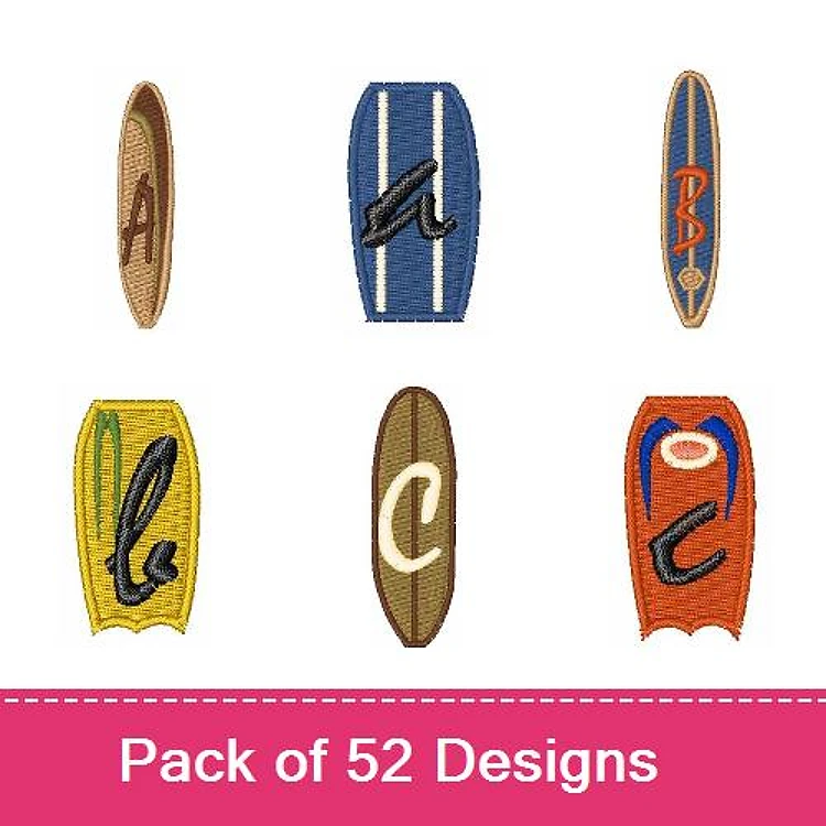 Surfboard Letter Embroidery Designs Bundle – Colorful Surfboards with A, B, C, D, E & More (52 Designs)