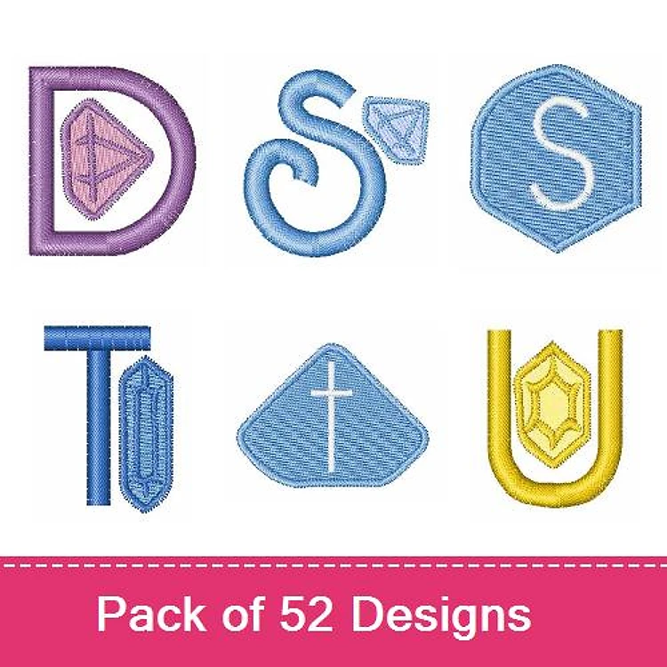 Letter & Symbol Embroidery Designs Bundle – D, S, T, U Letters, Cross, Hexagon & More (52 Designs)