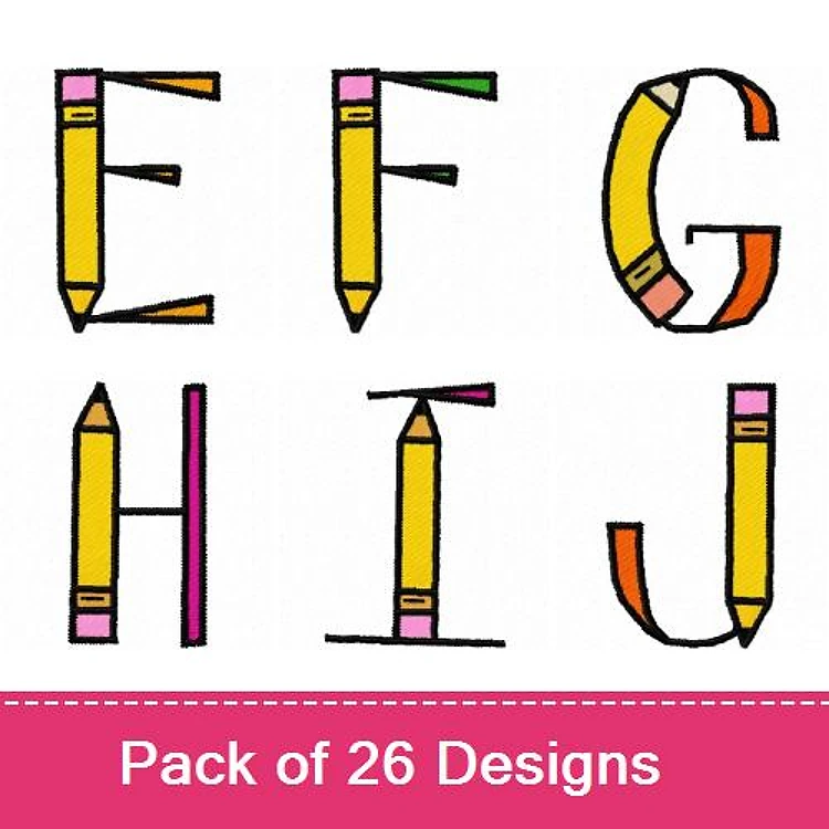 Pencil Letter Embroidery Bundle – E Letter, F Letter, G Letter, H Letter, I Letter, J Letter & More (26 Designs)