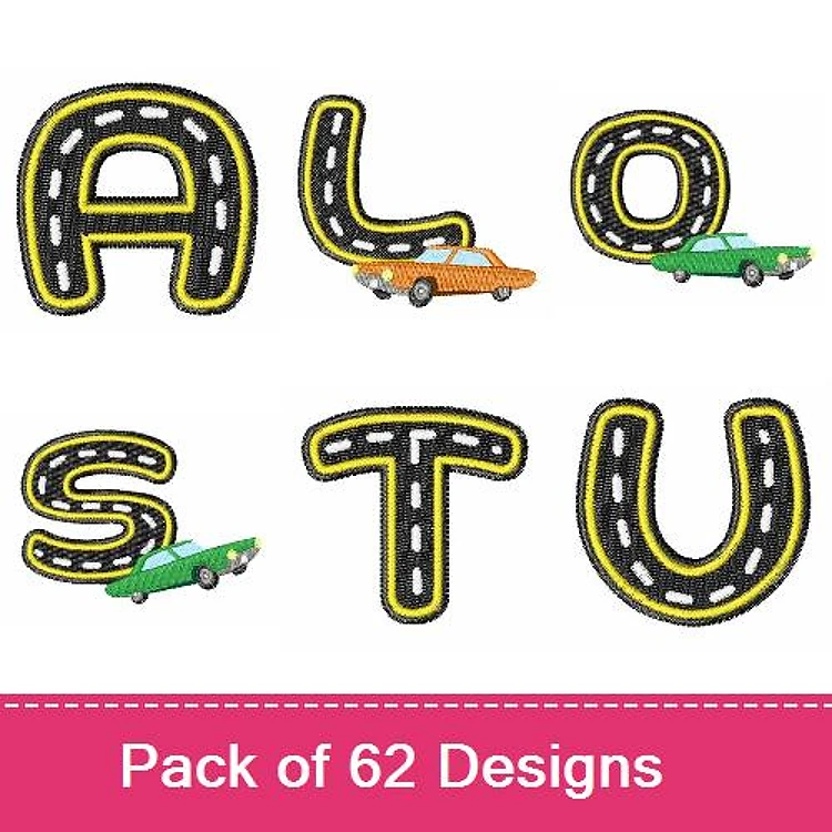 Road-themed Alphabet Letters Embroidery Designs Bundle – A Letter with Car, L Letter with Car, O Letter with Car & More (62 Designs)