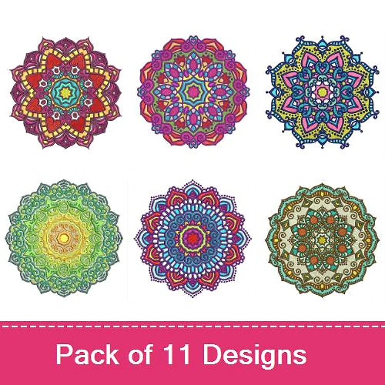 Colorful Mandalas Embroidery Designs Bundle – Red & Pink, Blue & Yellow, Green, Orange & Teal, Purple & Gold & More (11 Designs)
