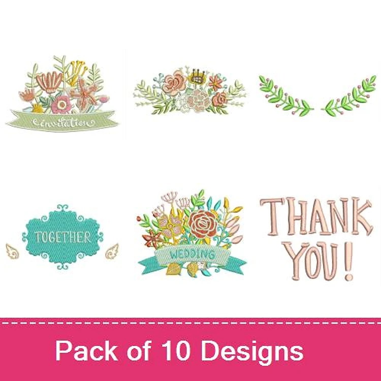 Floral Wedding Embroidery Designs Bundle – Congratulations Floral, Together Banner, Wedding Banner & More (10 Designs)