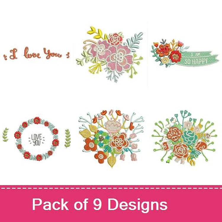 Floral & Love Embroidery Designs Bundle – I Love You Text, Floral Bouquet with Banner, Floral Wreath & More (9 Designs)