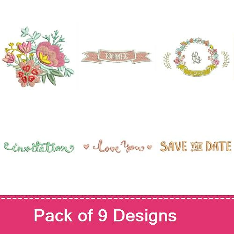 Floral & Romantic Text Embroidery Designs Bundle – Floral Wreath, Love You, Save the Date & More (9 Designs)