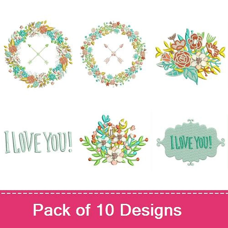 Floral and Love Embroidery Designs Bundle – Floral Wreath with Arrows, I Love You - Banner & More (10 Designs)