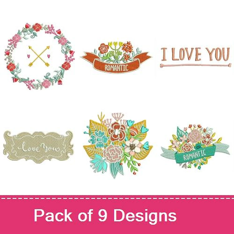Romantic Floral Embroidery Designs Bundle – Floral Wreath with Crossed Arrows, Heart with Flowers & More (9 Designs)