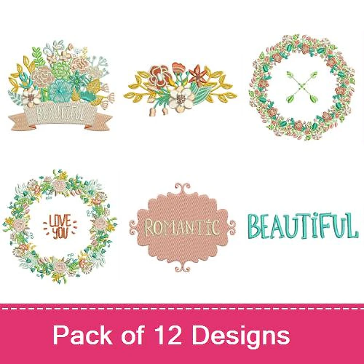 Floral & Text Embroidery Designs Bundle – Floral Wreath with Banner, Love You Wreath, Romantic Text Design & More (12 Designs)