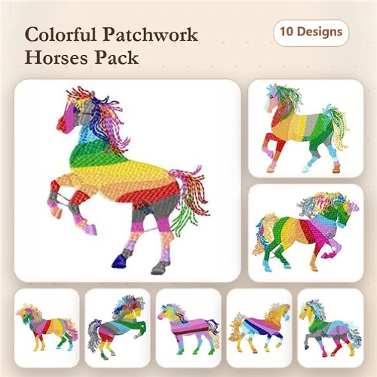 Colorful Patchwork Horses Embroidery Bundle – Vibrant Horse Designs & More (10 Designs)