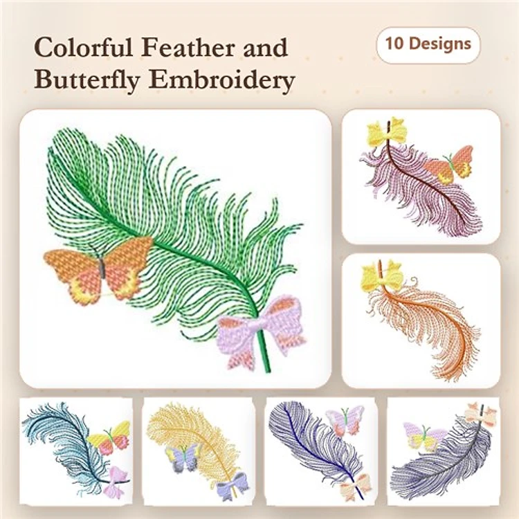 Colorful Feather & Butterfly Embroidery Designs Bundle – Colorful Feather with Butterfly, Purple Feather with Butterfly & More (10 Designs)